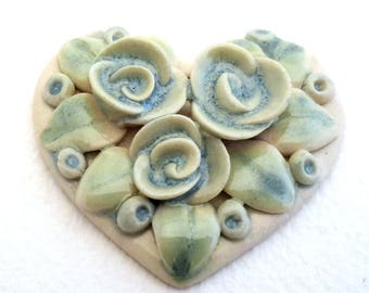 Focal Bead - Blue and Green Heart Pendant - Floral Pendant - Valentine - Handmade Ceramic Focal Bead - OOAK Focal Bead