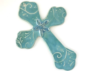 Turquoise Ceramic Wall Cross with Starfish  - Medium Pottery Wall Cross