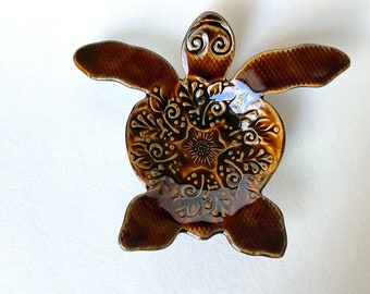 Sea Turtle Dish - Brown Sea Turtle Trinket Dish - Sea Turtle Ring Dish - Tea Bag Holder - Teaspoon Rest - Beach Decor - Ocean Pottery