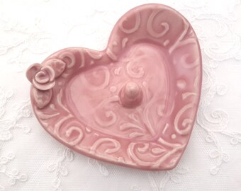 Heart Ring Dish // trinket dish // engagement ring holder // Pink Trinket Dish with Rose and Vine Texture 3.5" x 3.5"