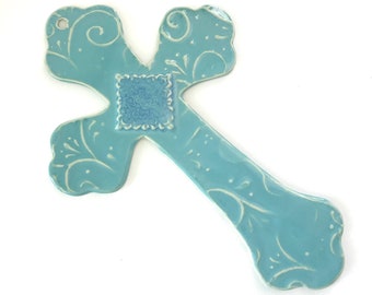 Turquoise Ceramic Wall Cross // Christian Gift // Handmade Cross // Gift of Faith // Art Wall Cross