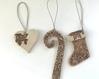 Rustic Ornament Set of 3 - Candy Cane - Stocking - Heart - Rustic  Christmas  - Shipping Included