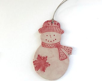 Red Snowman Ornament - Rustic Snowman Ornament - Handmade Snowman Ornament - Pottery Snowman - Teacher  Gift - SHIPPING INCLUDED