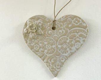 Pottery Heart Ornament - Heart Valentine Ornament- Ceramic Heart Ornament with Rose Vines and Lace - Beige and White