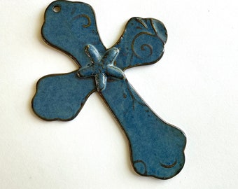 Blue Ceramic Wall Cross with Starfish  - Medium Pottery Wall Cross - Christian Gift - Gift of Faith