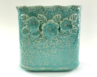 Turquoise Flower Vase - Oval Pottery Vase - Art vase - Pretty Vase - Gift for Mom - Wedding Gift - I Love You Gift