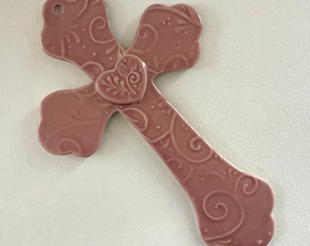 Wall Cross // Ceramic Wall Cross // Large wall Cross // Wall Art Cross // Christian Gift  // Handmade Cross //  Pink wall Cross