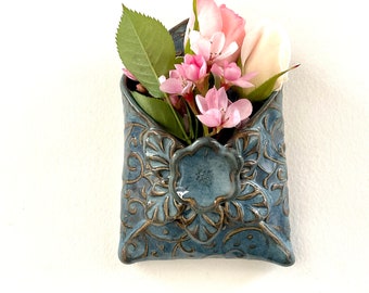 Blue Wall Pocket with Flower - Ceramic Wall Pocket - Envelope Wall Pocket - Business Card Holder - Toothpick Holder