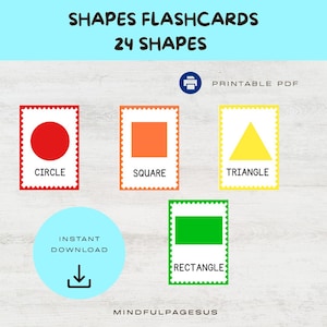 May include: A set of educational flashcards titled SHAPES FLASHCARDS 24 SHAPES. The cards feature a red circle, orange square, yellow triangle, and green rectangle, each with a scalloped border and the corresponding shape name printed below.