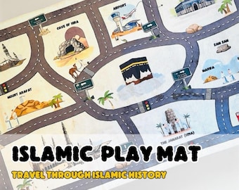 Puede incluir: Alfombra de juego islámica con un diseño de mapa de carreteras, con ilustraciones de lugares emblemáticos y sitios. La alfombra incluye el texto "Islamic Play Mat" y "Travel Through Islamic History". La alfombra mide 160 cm x 100 cm.