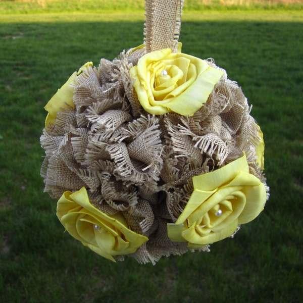 Burlap and yellow sola roses flower kissing ball