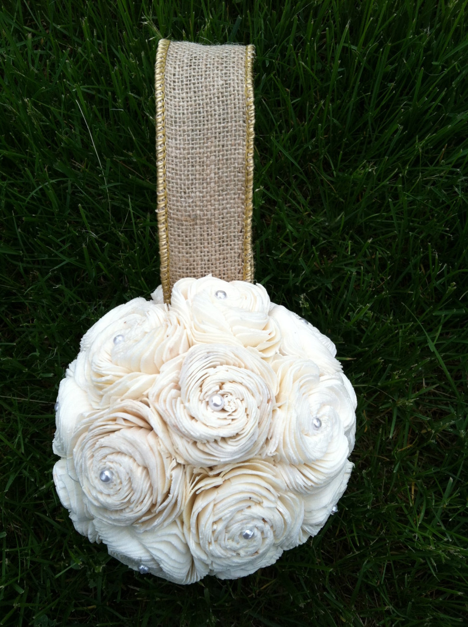SOLA flower kissing ball with Burlap and pearls Etsy