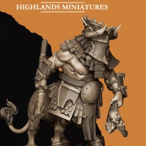 May include: A detailed miniature figure of a minotaur warrior, clad in armor and holding a weapon and severed heads. The figure is in shades of gray and brown, with the text "HIGHLANDS MINIATURES" at the top.