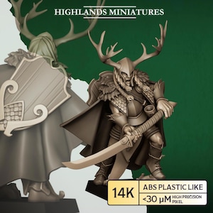 May include: A detailed miniature figure of a warrior with large antlers, armour, and a sword. The figure is in a dynamic pose, with a cape and helmet. The text "HIGHLANDS MINIATURES" is at the top. The figure is made of ABS plastic.
