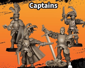 Könnte beinhalten: Vier graue Miniaturfiguren mit der Aufschrift Sunland Empire Captains. Jede Figur trägt eine Rüstung im Renaissance-Stil mit Federhüten, Umhängen und Puffärmeln. Sie sind mit Schwertern, Pistolen und einem Streitkolben auf quadratischen Sockeln ausgestattet.