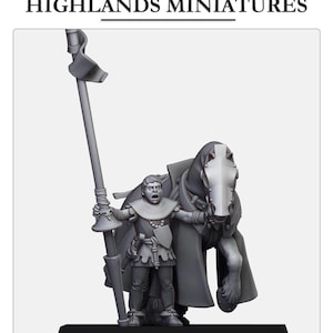 May include: A grey miniature figure of a medieval knight on horseback, holding a banner. The figure is detailed with armour and clothing, and the horse has a detailed head and cape. The text "HIGHLANDS MINIATURES" is at the top.