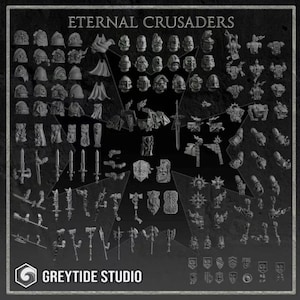 Może przedstawiać: Kolekcja miniaturowych figurek i akcesoriów, w tym hełmy, peleryny, miecze i tarcze. Tekst "ETERNAL CRUSADERS" znajduje się na górze, a "GREYTIDE STUDIO" na dole. Figurki są w różnych kształtach i rozmiarach.