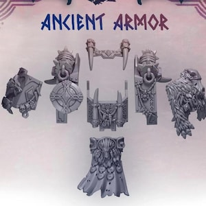 Op de afbeelding: Een verzameling grijze plastic antieke pantseronderdelen, waaronder een schild, schouderstukken en een helm. De tekst "ANCIENT ARMOR" staat in blauw boven de onderdelen. Het pantser heeft ingewikkelde details en een verweerde uitstraling.