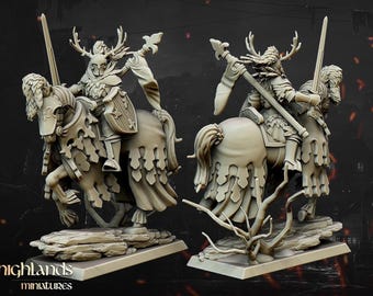 May include: Two detailed resin miniatures of mounted knights. The knights wear armor and helmets with antler-like adornments. Each knight holds a sword and a banner. The horses are also armored. The miniatures are on rectangular bases, with the "highlands miniatures" logo.