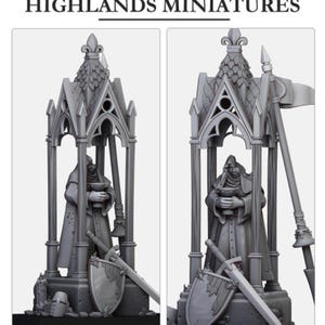 May include: Two gray miniature figures of a cloaked person holding a chalice, inside a gothic-style structure. A sword and shield are at the base. The text "HIGHLANDS MINIATURES" is at the top.