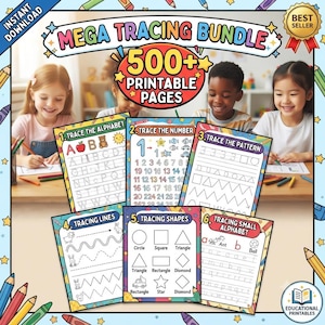 May include: A digital educational product titled Mega Tracing Bundle featuring 500+ printable pages. The collection includes six worksheets for tracing the alphabet, numbers, patterns, lines, shapes, and small letters with colorful illustrations.