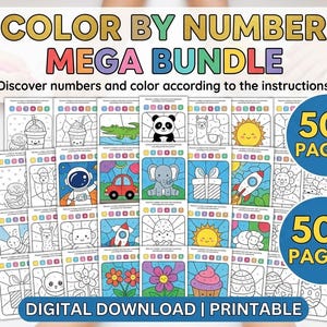 May include: A Color by Number Mega Bundle digital download featuring over 50 printable pages. The collection includes various black and white line art illustrations of animals, space themes, and food, each with a numbered color key guide.
