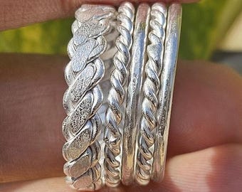 Handmade Sterling Silver Rope Stacking Rings Set - Braided Twist Bands