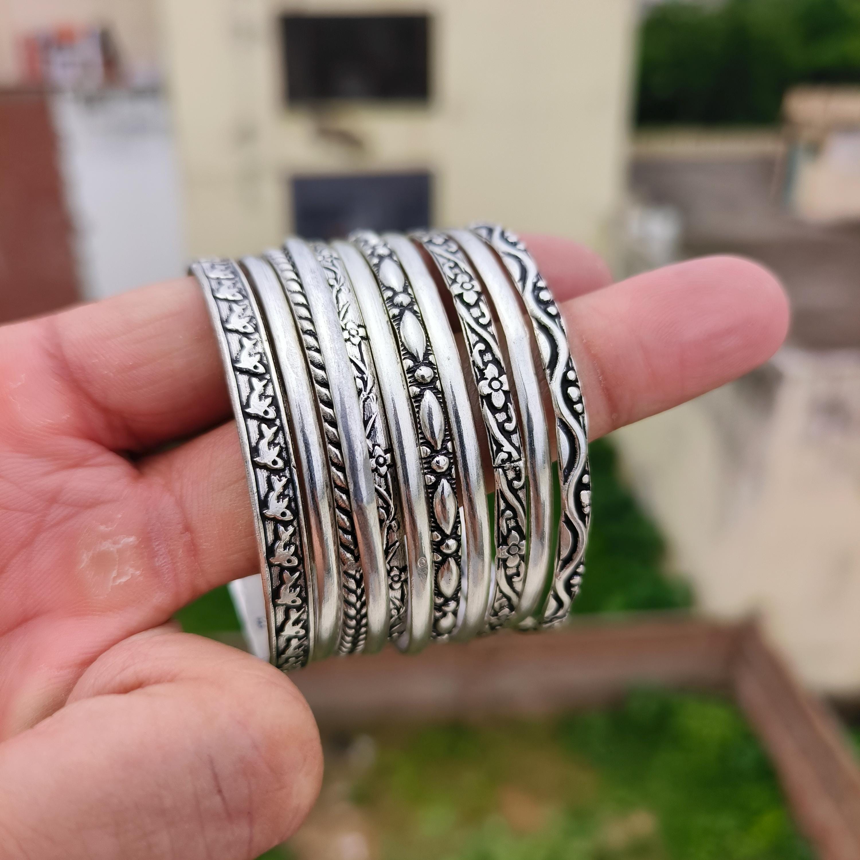 Set of 8 Oxidized 925 Sterling Silver Bangles Handmade Ethnic