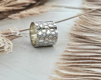 Wide Sterling Silver Pattern Ring, Handmade Textured Band