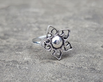 Anillo de plata de ley con forma de flor, joyería floral boho vintage