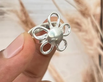 Handmade Sterling Silver Flower Ring, Minimalist Floral Boho Jewelry
