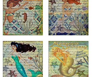 Mermaid Woman Nautical Fantasy Ocean Instant Download Starfish Fish Sea Horse 3.5" and 4" Squares JPEG (16-13)