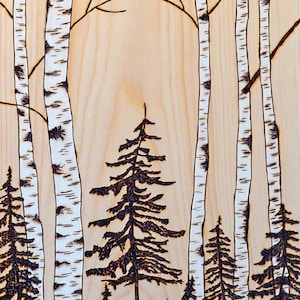 Birke & Kiefer, Brandmalerei Landschaft Druck, druckbare Wand-Dekor, Sofortiger Download, Original Design, Kunst