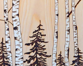 Birch & Pine Tree, Pyrography Landscape Print, Printable Wall Decor, Instant Download, Original Design, Art