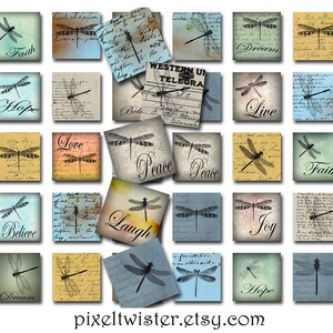 Może przedstawiać: Zestaw 16 cyfrowych arkuszy kolażu z ilustracjami ważek w stylu vintage z napisami takimi jak "Wiara", "Nadzieja", "Miłość", "Pokój", "Wierzyć", "Śmiać się", "Radość" i "Sen".