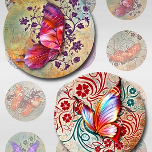 Butterflies Floral Deco Grunge Paper Instant Download 1,2,1.5 Inch Resin Glass Pendants Digital Collage Sheet Round Jpeg Images (C-3)