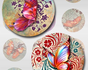 Butterflies Floral Deco Grunge Paper Instant Download 1,2,1.5 Inch Resin Glass Pendants Digital Collage Sheet Round Jpeg Images (C-3)