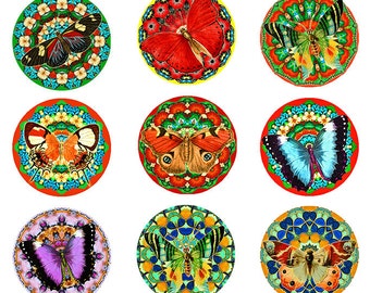 May include: Twelve colorful round designs featuring butterflies with intricate mandala patterns. Each design has a different butterfly species and color scheme.