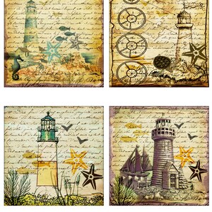 以下が含まれることがあります： 灯台、航海モチーフ、手書きのテキストが描かれた、ヴィンテージスタイルのデジタルコラージュシート4枚。シートは茶色、青、黄色の色合いです。