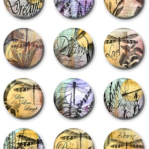 Dragonfly Moon Ephemera Inspirational Words Instant Download 1,1.5,2 Inch Rounds Collage Sheet JPEG Images (13-15)
