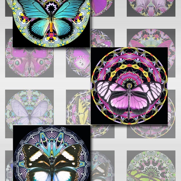 Butterfly Mandala Squares Instant Download for Glass Resin Scrabble Tile Pendants 1 and 2 Inch JPEG (12-61)