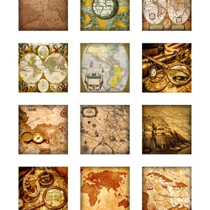 Vintage World Maps Tema Descarga instantánea Resina Montañas rusas de vidrio Colgantes de 2 y 4 pulgadas Imágenes digitales JPEG cuadradas (16-1)