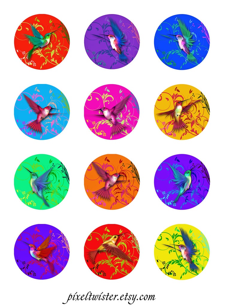 Hummingbirds Swirls Instant Download for Glass resin Pendants Round Jpeg 1 and 2 Inch & 14 mm Images D-8 image 2