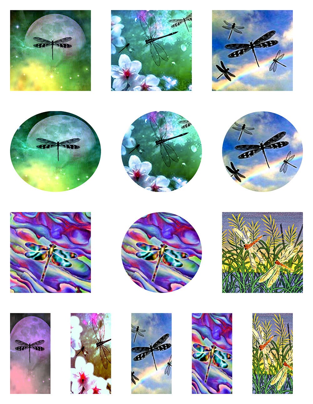 Dragonflies Instant Download Sampler Sheet 2 Inch Squares Rounds 1 X 2 ...
