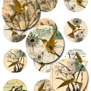 Instant Download Kolibris Vintage Post-Karten runden ovalen für Glas und Harzanhänger mehrere Größen (12-34)