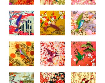 Hummingbird Japanese Chiyogami Paper Square Instant Download 1 and 2 Inch Resin Glass Scrabble Tile Pendants (16-7)