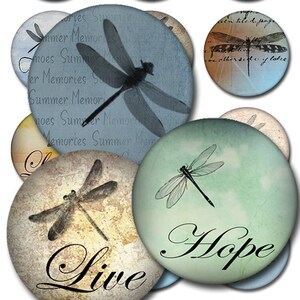 Dragonflies Round Inspirational Instant Download 1 and 2 Inch Collage Sheet JPEG MA-52 image 1