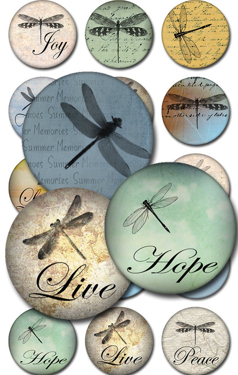 Dragonflies Round Inspirational Instant Download 1 and 2 Inch Collage Sheet JPEG MA-52 image 1