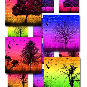 Trees Birds Ephemera Instant Télécharger 1 et 2 Inch Glass Scrabble Tile Pendants Square Jpeg Images (12-2)