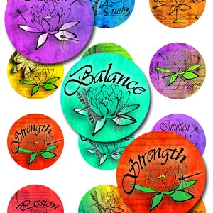 Chakra Inspirational Words Ephemera Download instantâneo Folha de colagem digital de 5 páginas Tamanhos redondos e ovais JPEG (12-46)